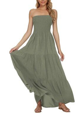 Women's Olive Summer Stylish Tube Top Off Shoulder Boho Beach Long Maxi Dress